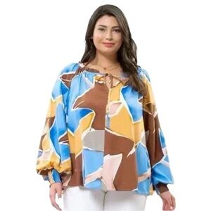 Womens Abstract Peasant Brown Gold Blue Pink Long Sleeve Perch Blouse 1XL  NEW